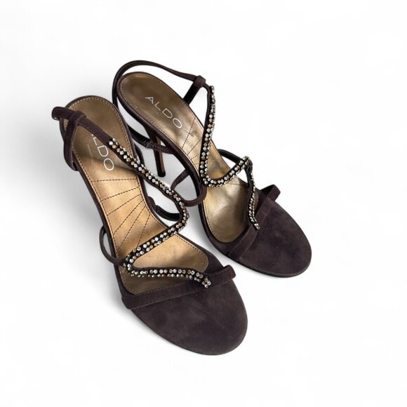 Vintage Aldo Brown Suede Rhinestone Heels 38 - Picture 1 of 10